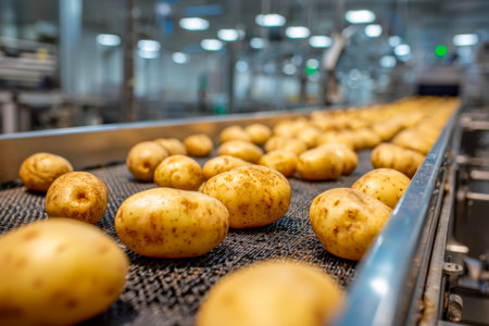 Brightly lit factory interior with shiny metal equipment as recently picked potatoes glide smoothly on a conveyor, showcasing efficient food production processes.の写真素材