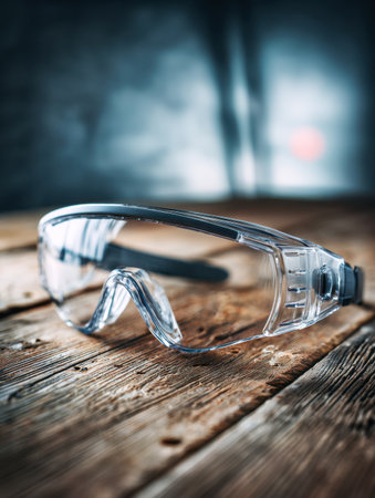 Clear safety glasses placed on aged wooden planks, with a workshop backdrop softened by ambient lighting, highlighting readiness for protective gear demonstrations.の写真素材