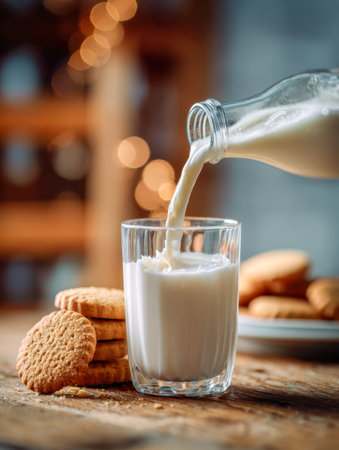 Creamy milk cascades from a vintage glass bottle into a transparent glass, alongside a golden cookie stack, set on a textured wooden surface with soft, inviting glowの写真素材