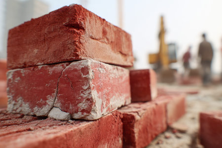 Vibrant crimson blocks rest unevenly on a dry, gritty surface, with distant figures and equipment softly fading into daylight?s glow, capturing early building activity.の写真素材