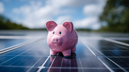 A cute pastel pink coin container rests atop shiny, mirrored solar cells beneath a sky sprinkled with clouds, illustrating eco-friendly savings and green investment ideasの写真素材