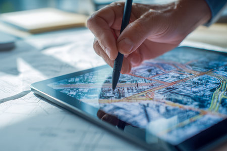 A professional examines intricate urban layouts and geographic details on a bright, organized desk, employing a stylus to navigate a high-resolution digital map on aの写真素材