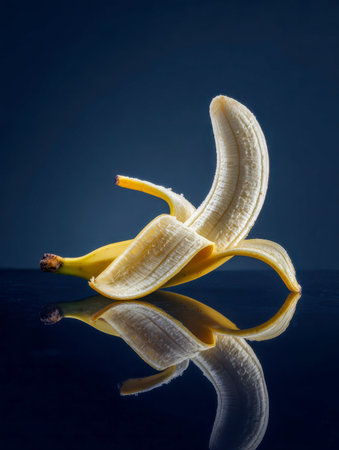 A vibrant banana, partially peeled to reveal ripe flesh, rests on a glossy black surface, with rich blue backdrop enhancing its fresh, minimalistic appeal.の写真素材