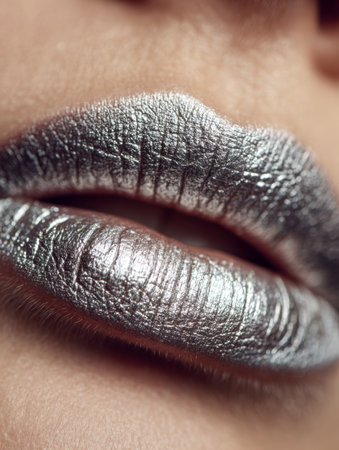 A close-up of lips enhanced with reflective silver metallic gloss, emphasizing their textured surface and captivating luminous quality in a luxurious beauty style.の写真素材
