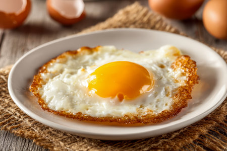 A perfectly cooked fried egg with crispy edges and a vivid, flowing yolk rests on a clean white plate, set against a textured woven mat with fresh shells and whole eggs iの写真素材