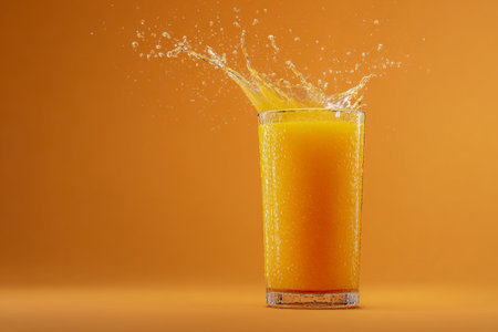 A dynamic burst of fresh orange juice erupts from a textured glass, set against a bold orange backdrop, capturing vitality and zest in a lively beverage scene.の写真素材