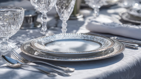 A refined outdoor table radiates sophistication, featuring intricate plate designs, shimmering glassware, and gleaming silverware atop a pristine white cloth, perfecの写真素材