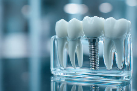 A detailed demonstration featuring a model with authentic teeth next to a transparent jawbone replica showing an embedded dental implant screw, emphasizing oral restorの写真素材