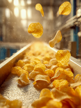 Sunlit factory scene capturing crispy, golden snacks cascading onto a moving belt, evoking warmth and industrial energy in a vibrant production setting.の写真素材