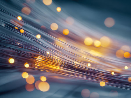 Vibrant streams of illuminated fiber optics swirl rapidly, casting a warm golden glow against an abstract cool blue backdrop, symbolizing seamless digital connectiviの写真素材