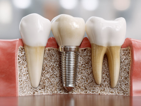 Intricate digital art depicting a cross-sectional view of dental restoration, highlighting an implant seamlessly integrated amid healthy roots and vibrant gum tissue.の写真素材