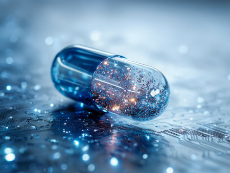 A clear gel capsule containing luminous particles sits atop a sleek, high-tech circuit board, illustrating cutting-edge medical breakthroughs and the fusion of biotech inの写真素材