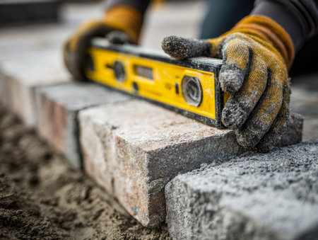 An outdoor construction professional, equipped with safety gloves, carefully checks the stone arrangement with a spirit level for precise pavement installation.の写真素材
