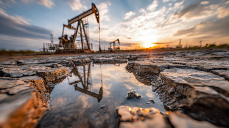 During dusk, rusted pump jacks cast mirrored images in a muddy puddle amid parched, fractured ground, symbolizing the delicate balance between energy needs and envirの写真素材