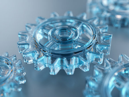 Vibrant azure gears with sleek gloss join seamlessly, symbolizing collaborative effort and exacting design in high-tech engineering on a mirror-like surface.の写真素材