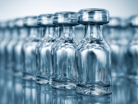 Array of pristine glass containers with smooth, mirror-like surfaces organized meticulously in a clinical environment, illuminated gently to highlight clarity and precisiの写真素材