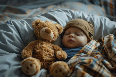 Cute baby boy peacefully sleeping in bear themed attire with teddy bear on a cozy bedの写真素材
