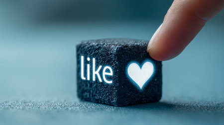 A hand presses a rugged, dark-colored cube illuminated with vibrant, glowing symbols of text and a...