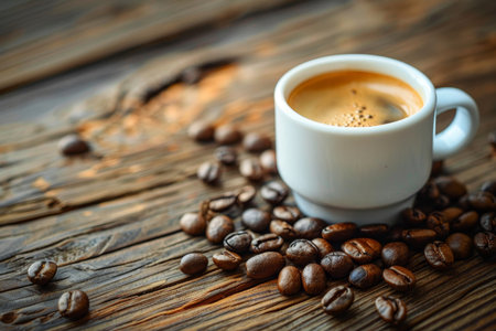 High-quality espresso coffee cup with coffee beans on wooden background for saleの写真素材