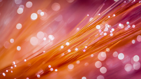 Bright, swirling fiber optic filaments radiate warmth and energy, blending soft bokeh lights to...