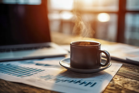 A cozy workspace scene featuring a steaming coffee cup atop financial graphs, with a laptop glowing softly in the background, evoking focus and morning motivation.の写真素材