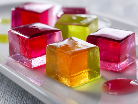 Bright, jewel-like gelatin squares in lively shades of crimson, tangerine, and lime are meticulously organized on a pristine white dish, evoking a lively and invigorの写真素材