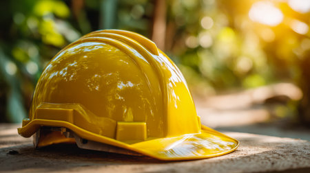 A bright yellow safety helmet gently placed on aged wood, illuminated by warm sunlight, with vibrant foliage softly out of focus behind, evoking outdoor craftsmanshiの写真素材
