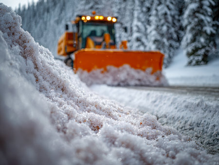 A rugged snow removal machine maneuvers through a snow-laden mountain pathway, encased by thick forest, with glistening snowflakes framing the scene's crisp winter aの写真素材
