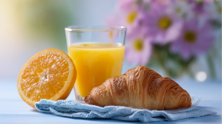 A golden, flaky pastry rests beside a vibrant glass of citrus nectar, with a juicy orange half nearby, all set on a gentle blue fabric amidst floral softness.の写真素材