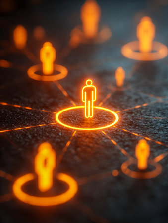 Vibrant orange silhouettes linked in a luminous web across a textured dark background, illustrating bonds and interactions within a digital communication space.の写真素材