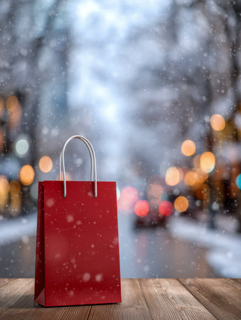 A vibrant red gift bag rests on a rustic wooden table, set against a chilly city street scene illuminated by warm glowing lights and softly falling snow, creating aの写真素材