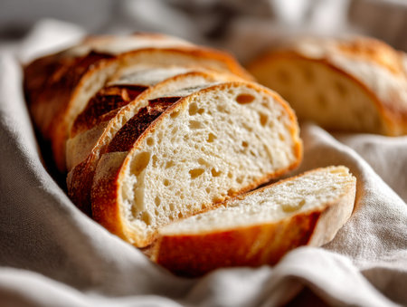 A freshly sliced loaf with a crispy, golden exterior and tender interior, spread out on a simple...
