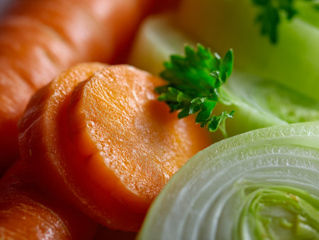 Colorful slices of carrots and onions with a fresh parsley sprig create a lively, textured display emphasizing the natural vibrancy and wholesome appeal of a nutritiの写真素材