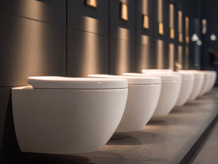 Sleek, contemporary ceramic fixtures arranged neatly, illuminated by gentle lighting that emphasizes their streamlined form and pristine white finish in a stylish shの写真素材