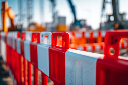 Bright red and white plastic partitions line a bustling outdoor work zone, creating a vivid boundary to direct traffic and ensure safety under clear daylight skies.の写真素材