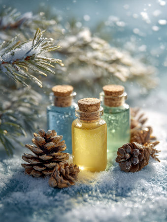 Delicate glass vials with natural cork stoppers hold vibrant liquids, set among frosted pine needles and cones on a snowy winter morning shimmering in warm sunlight.の写真素材