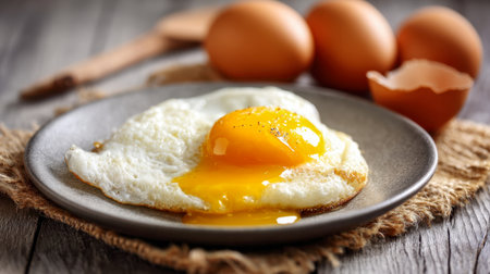 A perfectly cooked sunny-side-up egg with a luscious, flowing yolk rests on a rustic ceramic plate, surrounded by fresh brown eggs and delicate shells on a wooden surfaceの写真素材