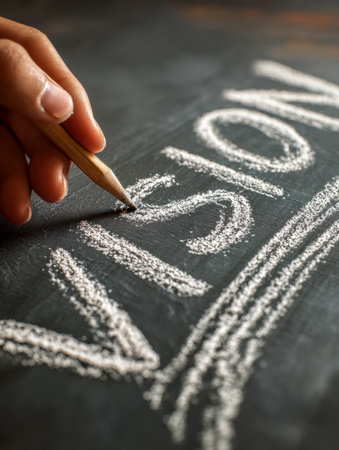 A hand delicately sketches a bold word on a black surface, using textured chalk to evoke imagination and strategic thinking in the creative process.の写真素材