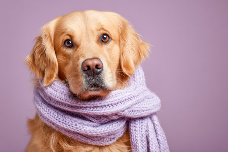 A cheerful golden retriever, snuggled in a plush lavender knit accessory, gazes sweetly at the camera against a gentle purple backdrop in a cozy portrait.の写真素材