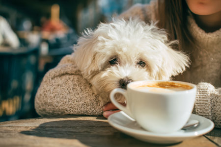 A gentle moment captured as a soft-haired dog leans comfortably on a person's arm, sitting by a rustic table with a steaming, frothy coffee in a cozy caf? ambiance.の写真素材