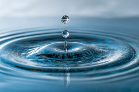 Two crystal-clear droplets hover above a tranquil, undisturbed blue liquid, ripples radiating...