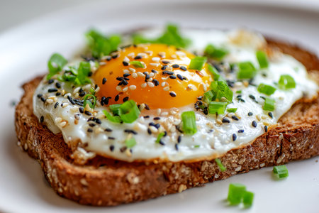 A hearty slice of multigrain bread, sizzling with a golden yolk, adorned with vibrant chives and a mix of sesame seeds, perfect for nourishing mornings.の写真素材