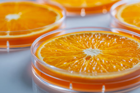 Brightly sliced oranges nestled in transparent containers highlight their juicy texture and vivid color, set against a light, natural backdrop.の写真素材