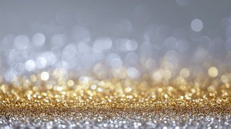 A radiant backdrop featuring luminous gold and silver sparkles paired with twinkling bokeh effects, evoking an atmosphere of sophistication and joyful celebration.の写真素材