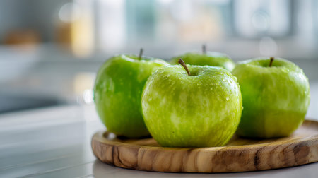 Juicy green apples glisten with droplets, perfectly displayed on a rustic wooden tray, illuminated...