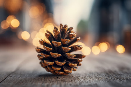 A solitary pinecone lies on aged wood, illuminated by soft, amber-hued lights that create a cozy,...