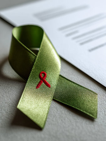 A symbolic green ribbon features a subtle red stitch detail, resting on a neutral gray background beside a softly blurred sheet of white paper, representing committeの写真素材