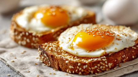 Crispy sesame toasts crowned with golden, runny eggs rest on a soft linen cloth, evoking a warm,...