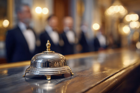 A refined silver call bell rests atop a glossy wooden surface, with a softly blurred backdrop of impeccably dressed personnel poised to serve in an opulent hotel setの写真素材