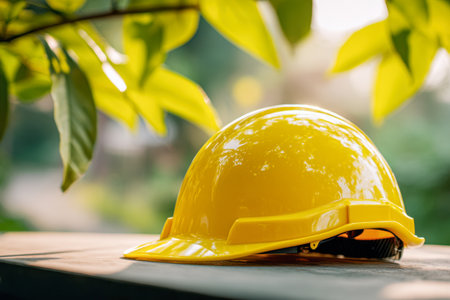A vibrant yellow helmet placed on a rustic wooden table outdoors, bathed in dappled sunlight amid lush green foliage, symbolizing safety and craftsmanship.の写真素材